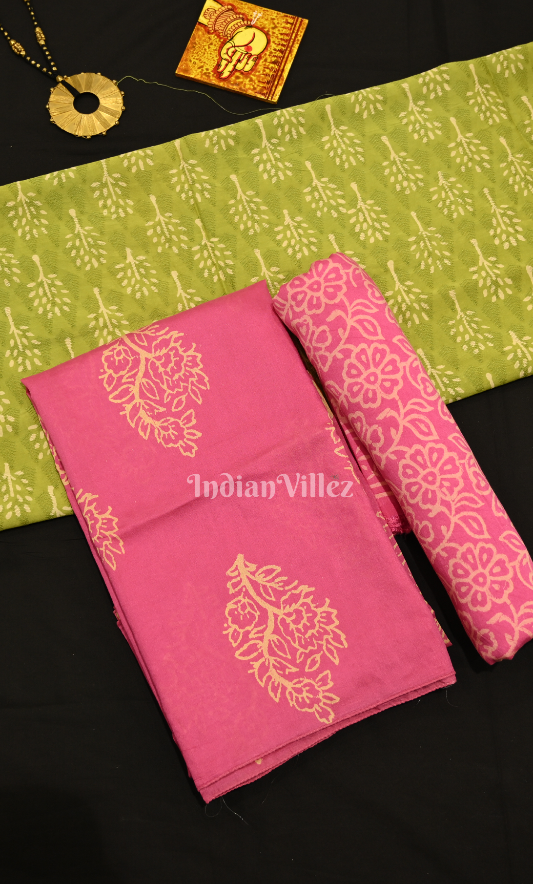 Parrot Green Rani Pink Block Printed Chanderi Silk Suit Sets