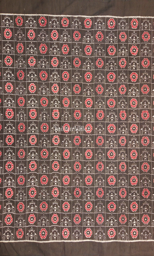 Black Red Tribal Motif Odisha Ikat Sambalpuri Silk Fabric 