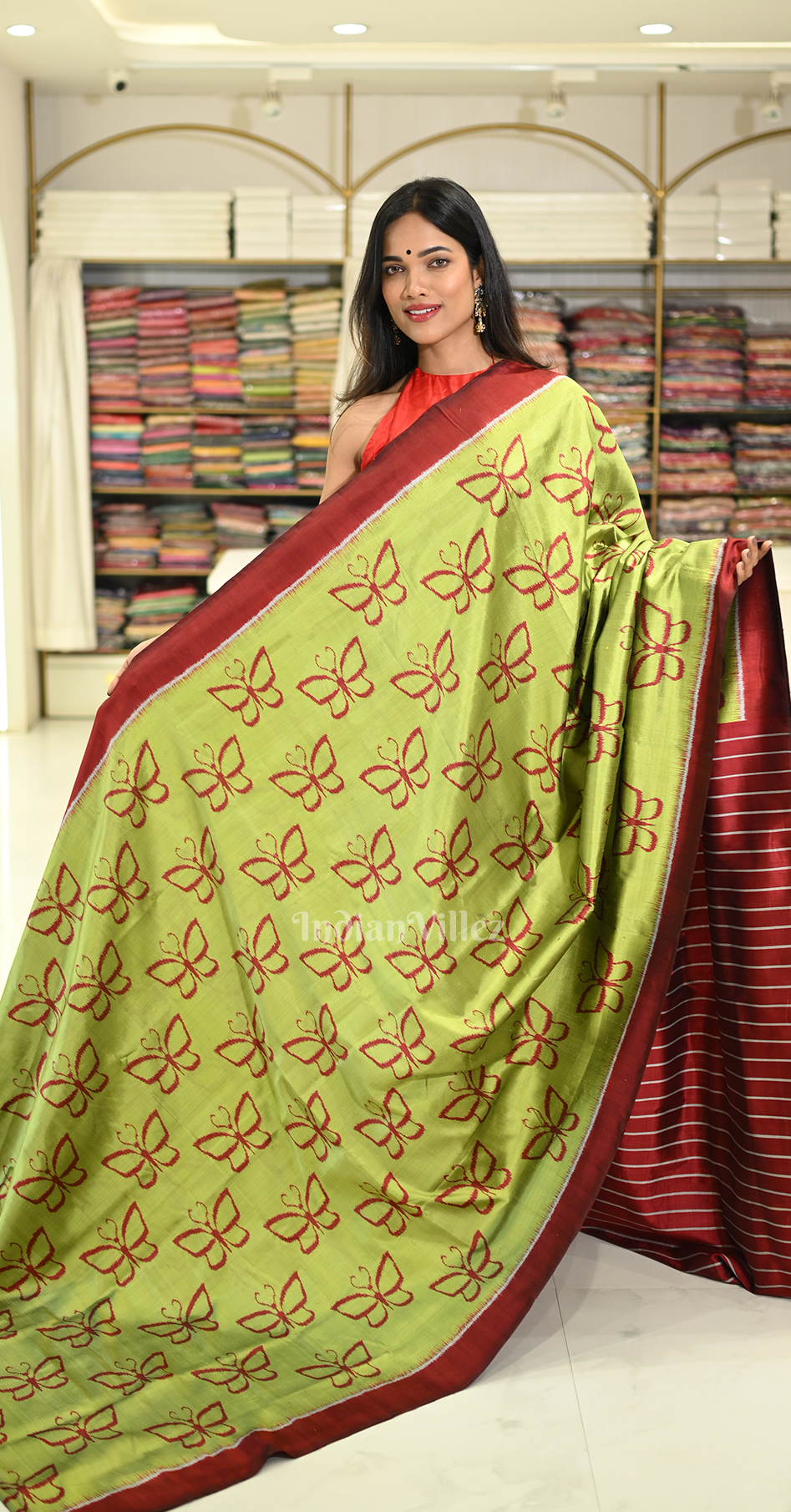 Apple Green Butterfly Design Contemporary Silk Saree