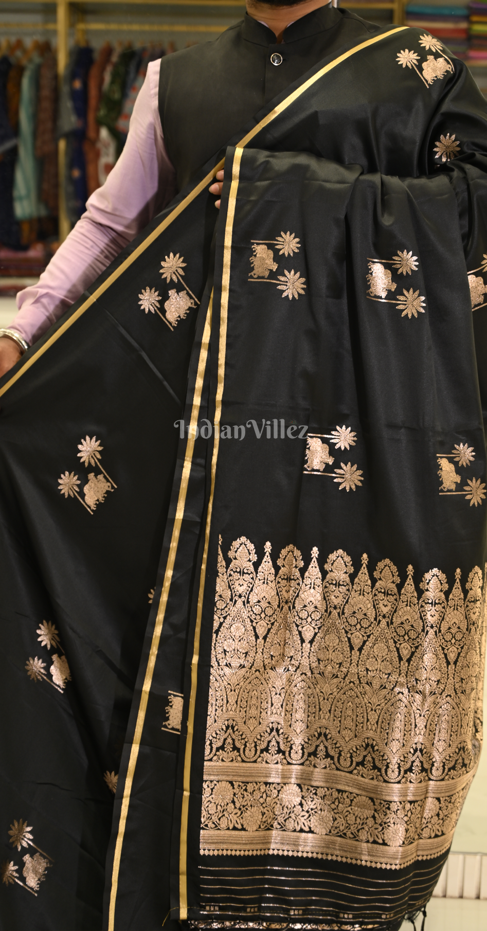 Black Mashru Satin Banarasi Silk Saree with Pichwai Motif 