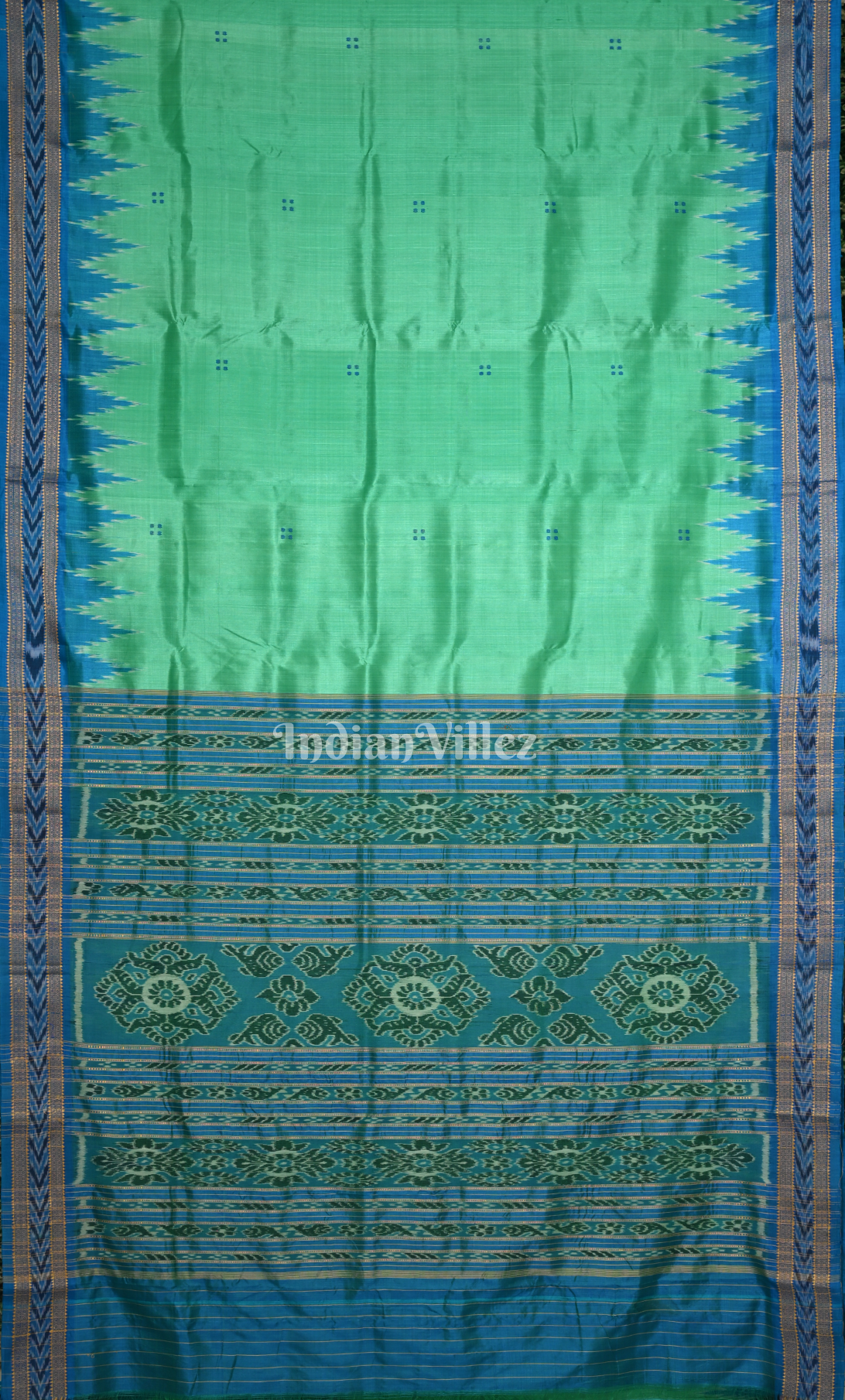 Turquoise Green  Blue Buti Design Odisha Ikat Khandua Silk Saree 