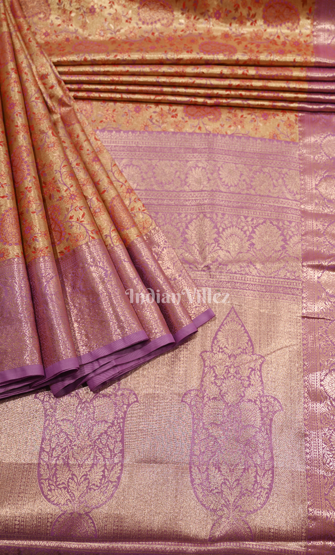 Light Yellow Purple Paisley Brocade Pure Kanjivaram Tissue Silk Saree