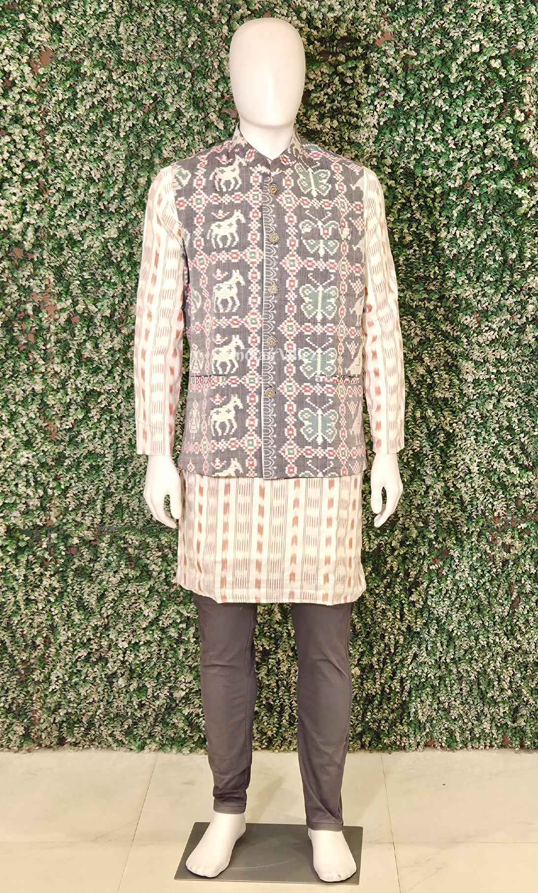 Grey Animal Theme Odisha Ikat Half Bandi Jacket for Men 