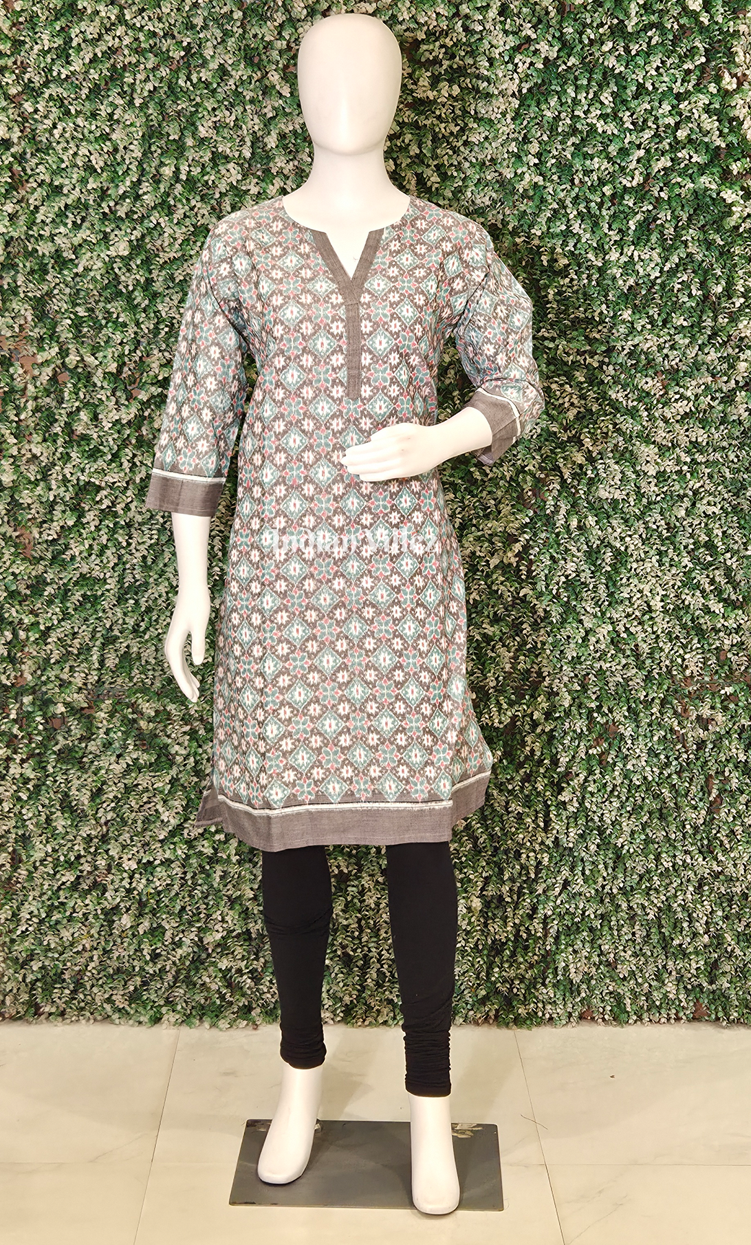 Grey Sea Green Floral Motif Odisha Ikat Designer Cotton Kurti for Women 