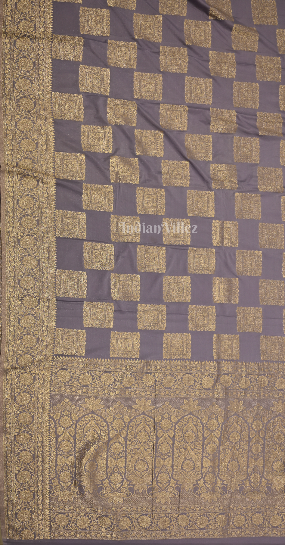Lavendar Golden Checks Pure Crepe Kanjivaram Silk Saree