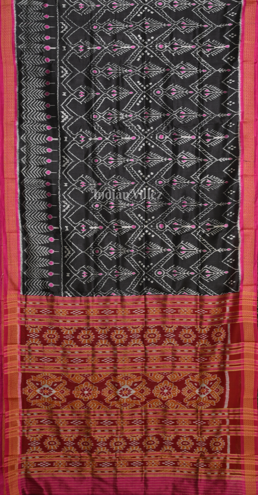 Black Maroon Cambodian Inspired Odisha Ikat Khandua Silk Saree