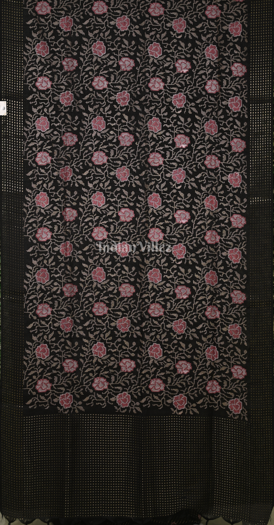 Black Tussar Silk Saree with  Pink Floral Embroidery Work