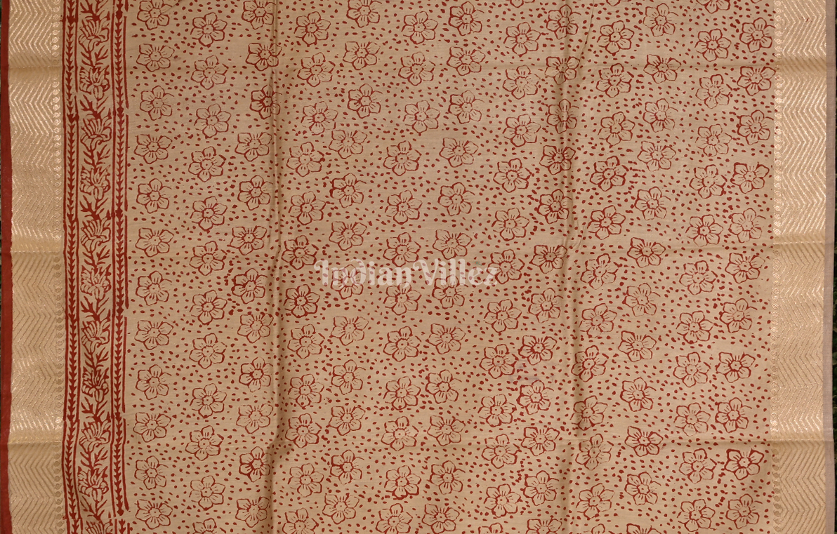  Maroon with Beige Block Printed Bagru Cotton Saree