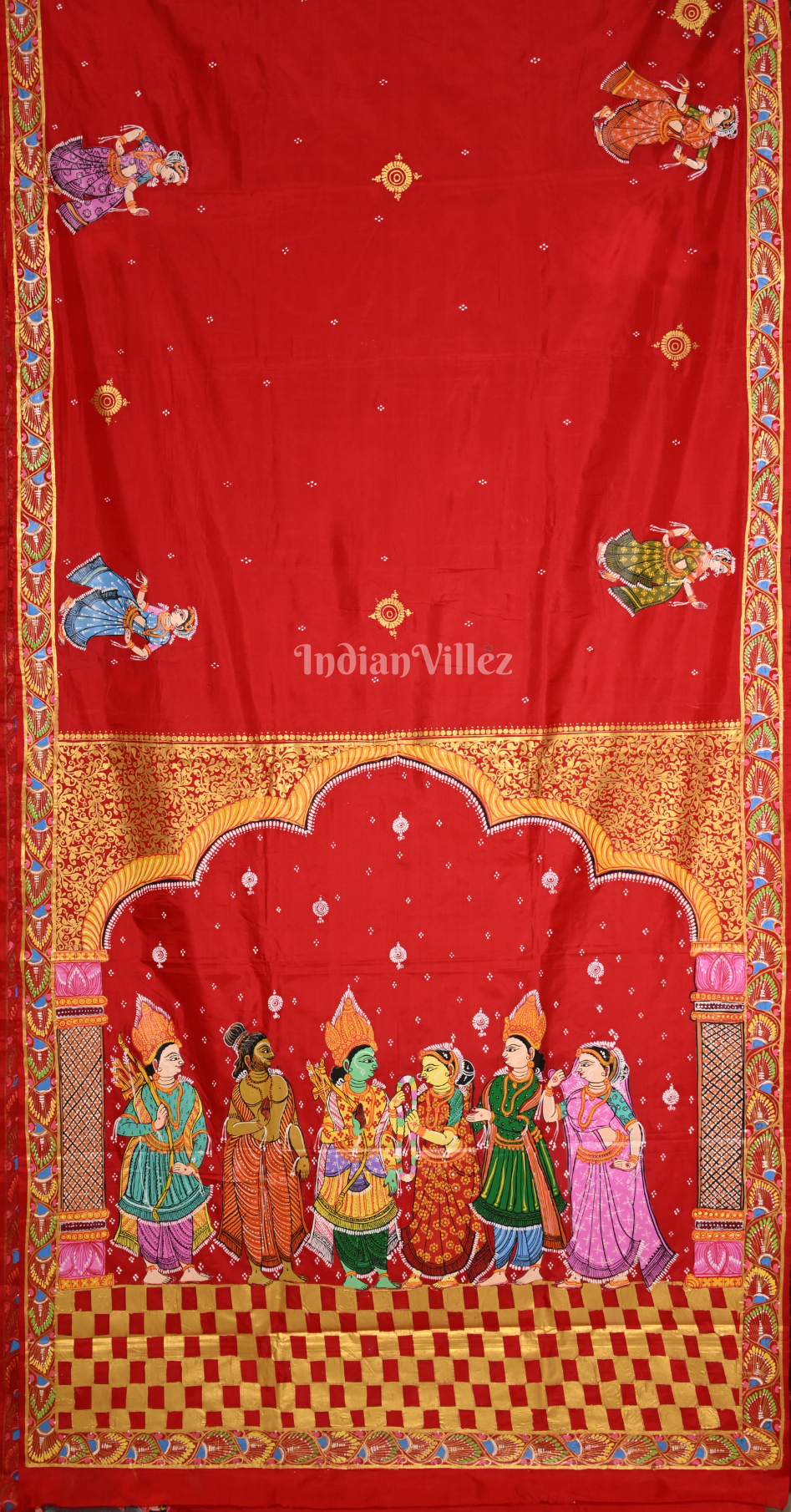 Red Ramayan Theme Hand-Painted Pattachitra Saree