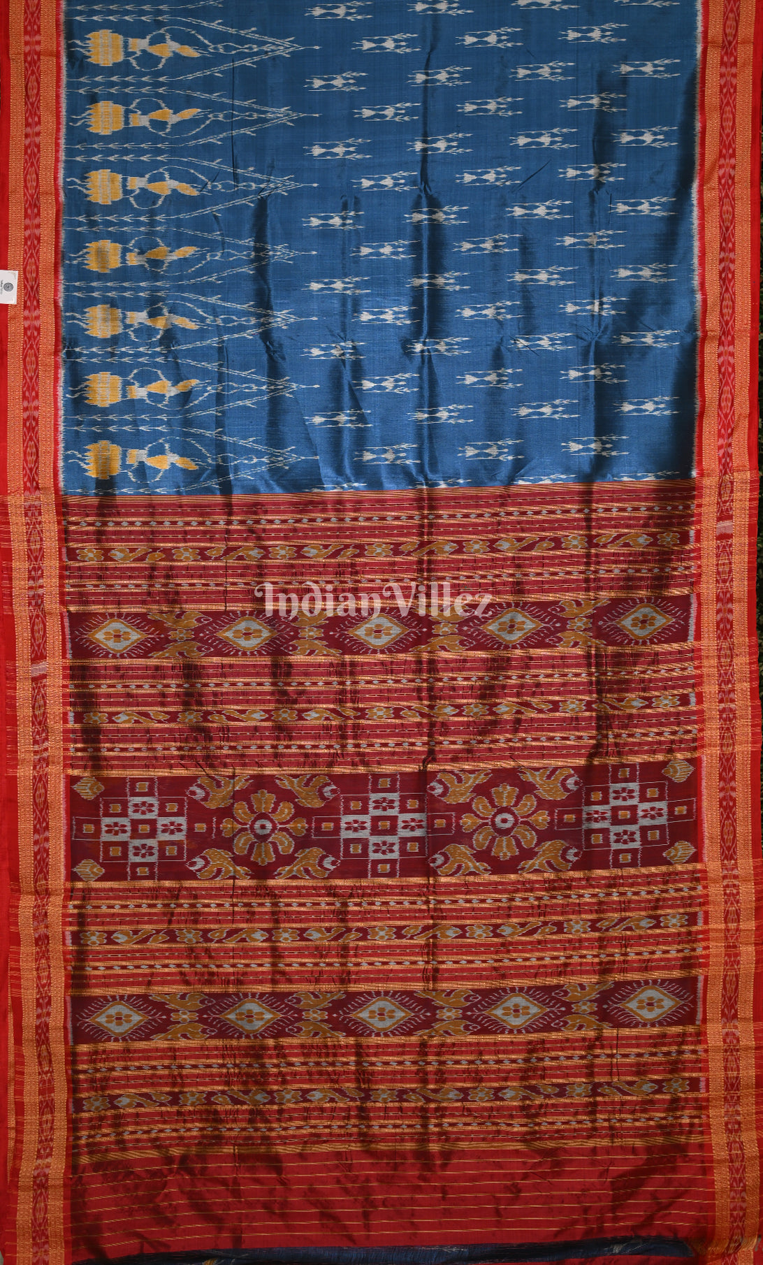 Cyan Blue Red Doll Tribal Motif Odisha Ikat Khandua Silk Sare