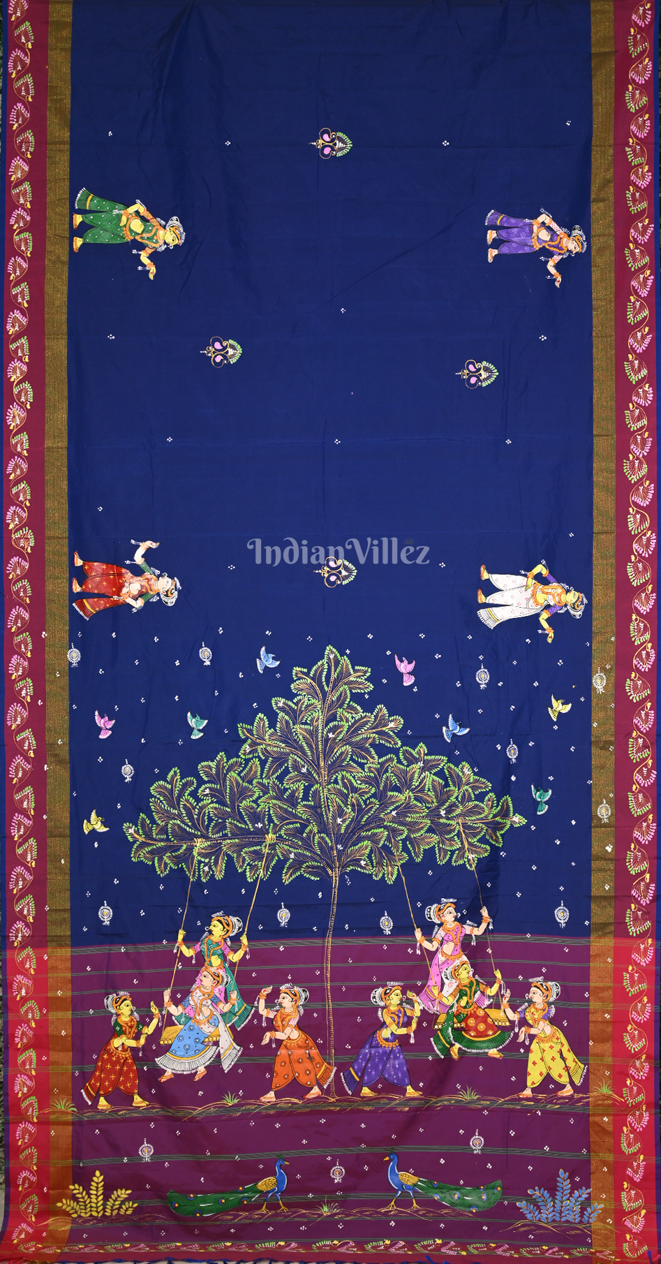 Blue Purple Raja Doli Theme Hand-Painted Pattachitra Saree 