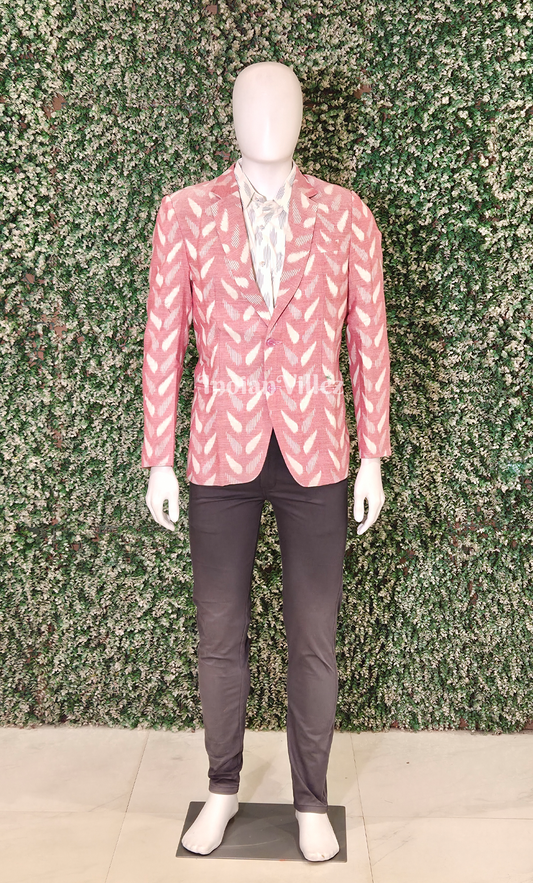 Peach Pink leaf Motif Odisha Ikat Men's Designer Blazer 