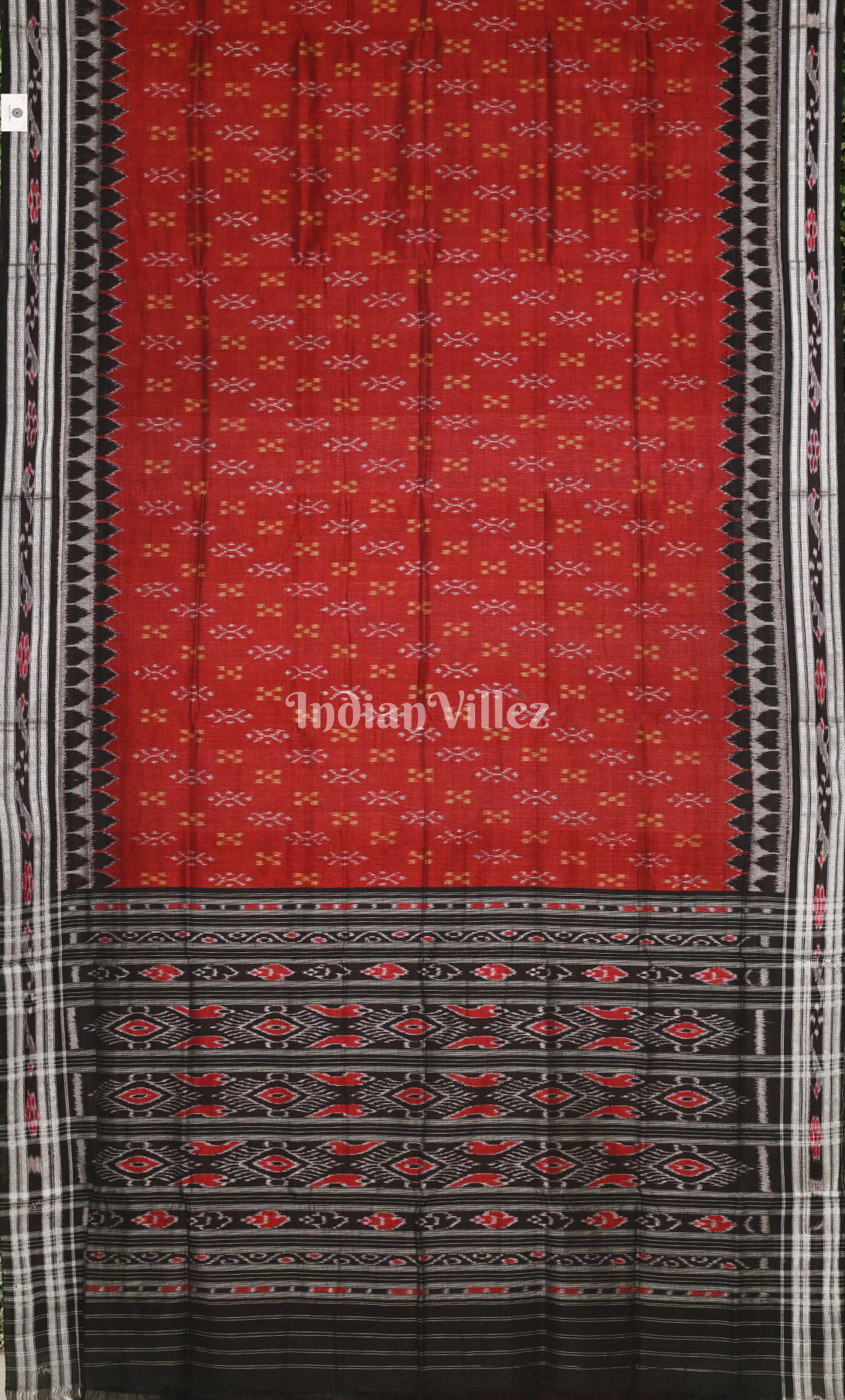 Red Black Odisha Ikat Maniabandha Cotton Saree 