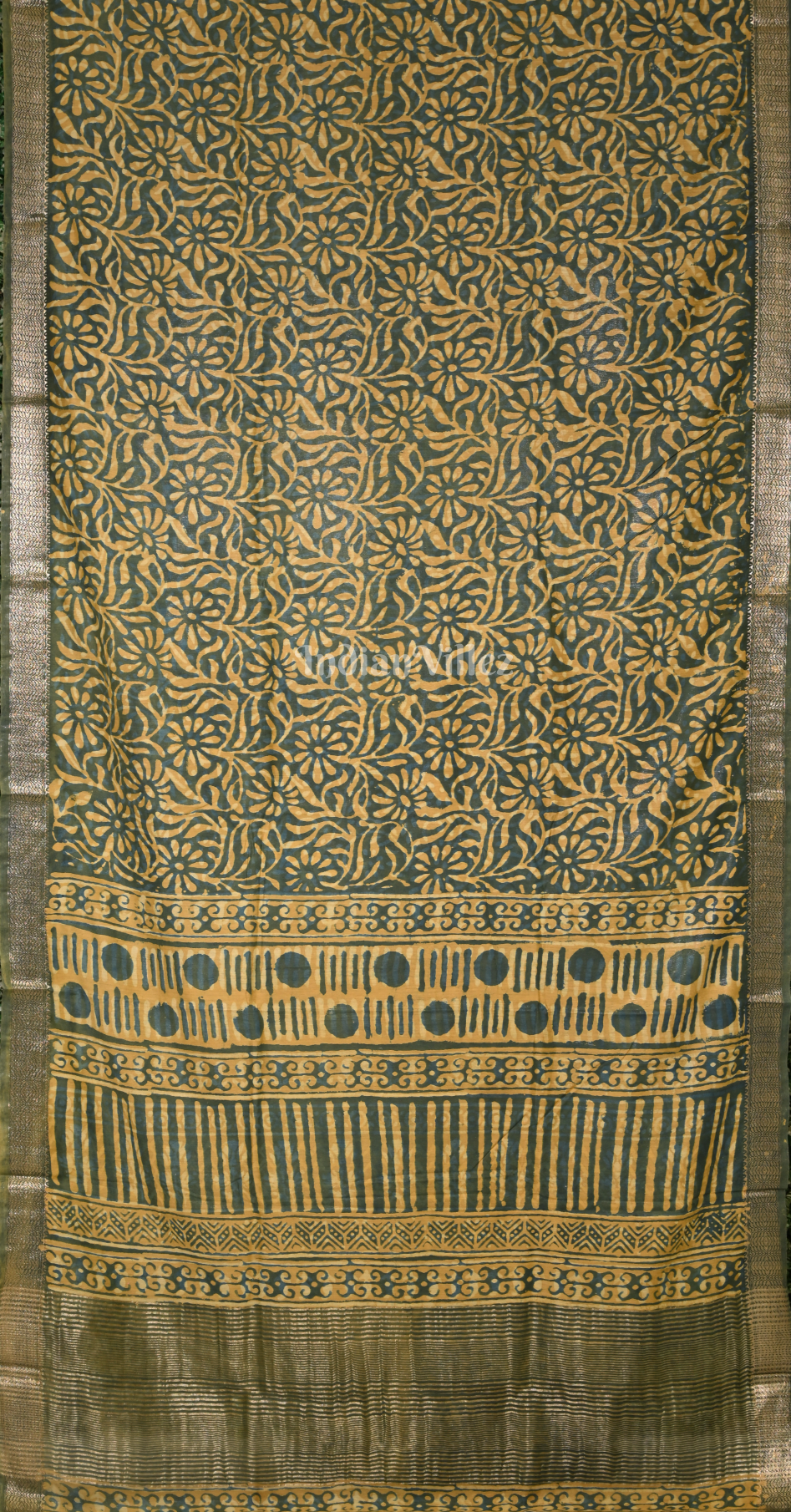 Green Block Printed Dabu Cotton Saree 