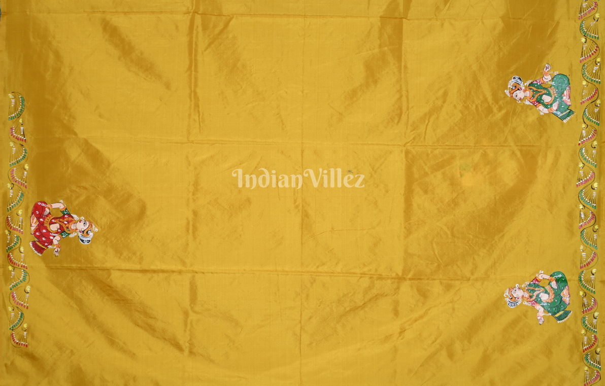 Mustard Yellow Vat Savitri Theme  Hand-Painted Pattachitra Saree