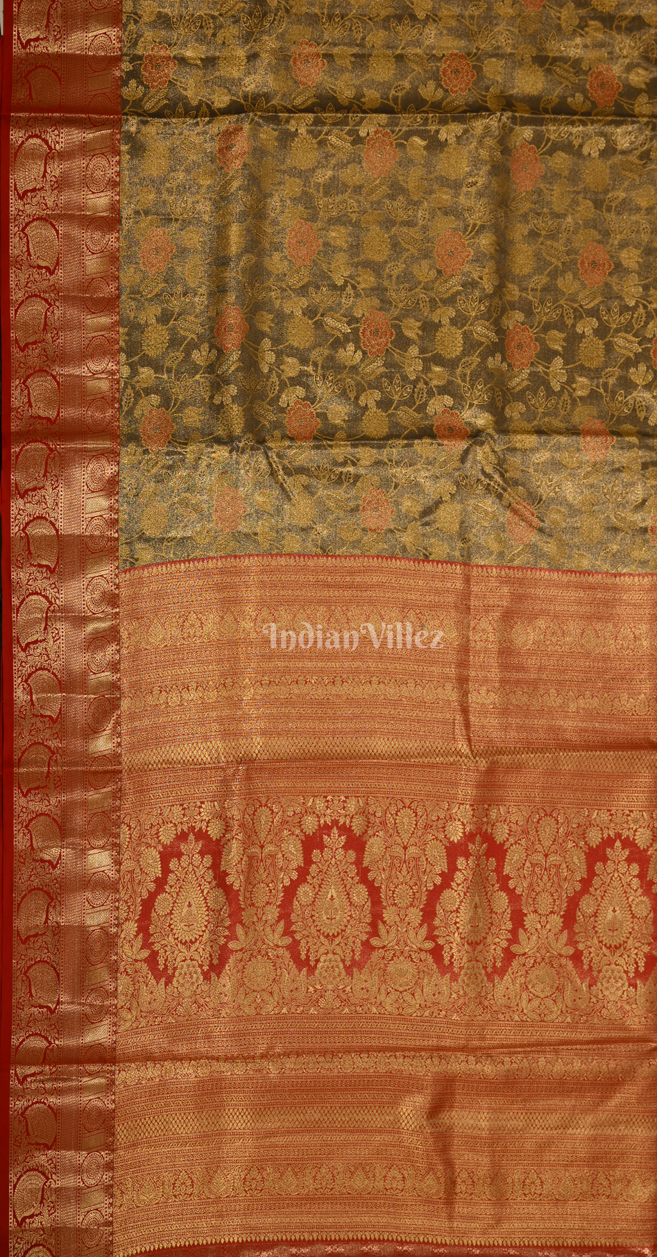 Brown Golden Floral Pure Kanjivaram Tissue Silk Saree