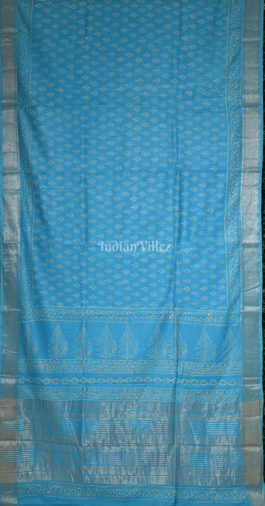 Surf Blue Block Printed Cotton Saree 