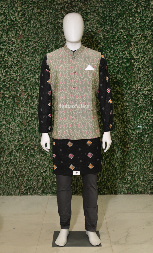 Sage Green Leaf Motif Odisha Ikat Half Bandi Jacket for Men