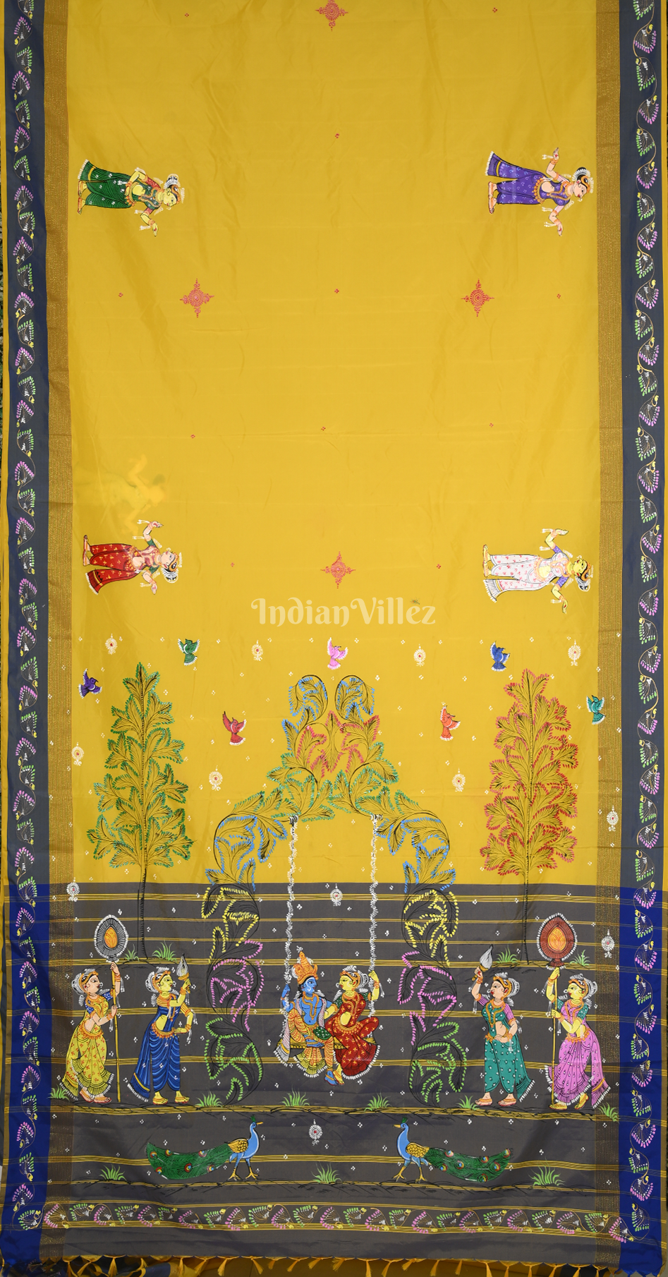 Yellow  Grey Radha Krishna Doli Theme Hand-Painted Pattachitra Saree