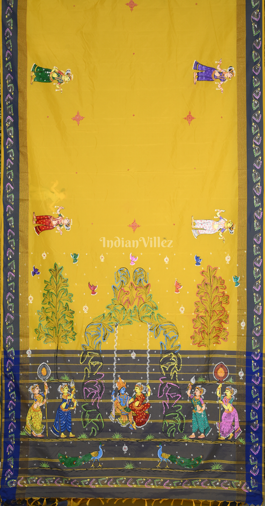 Yellow  Grey Raja Doli Theme Hand-Painted Pattachitra Saree