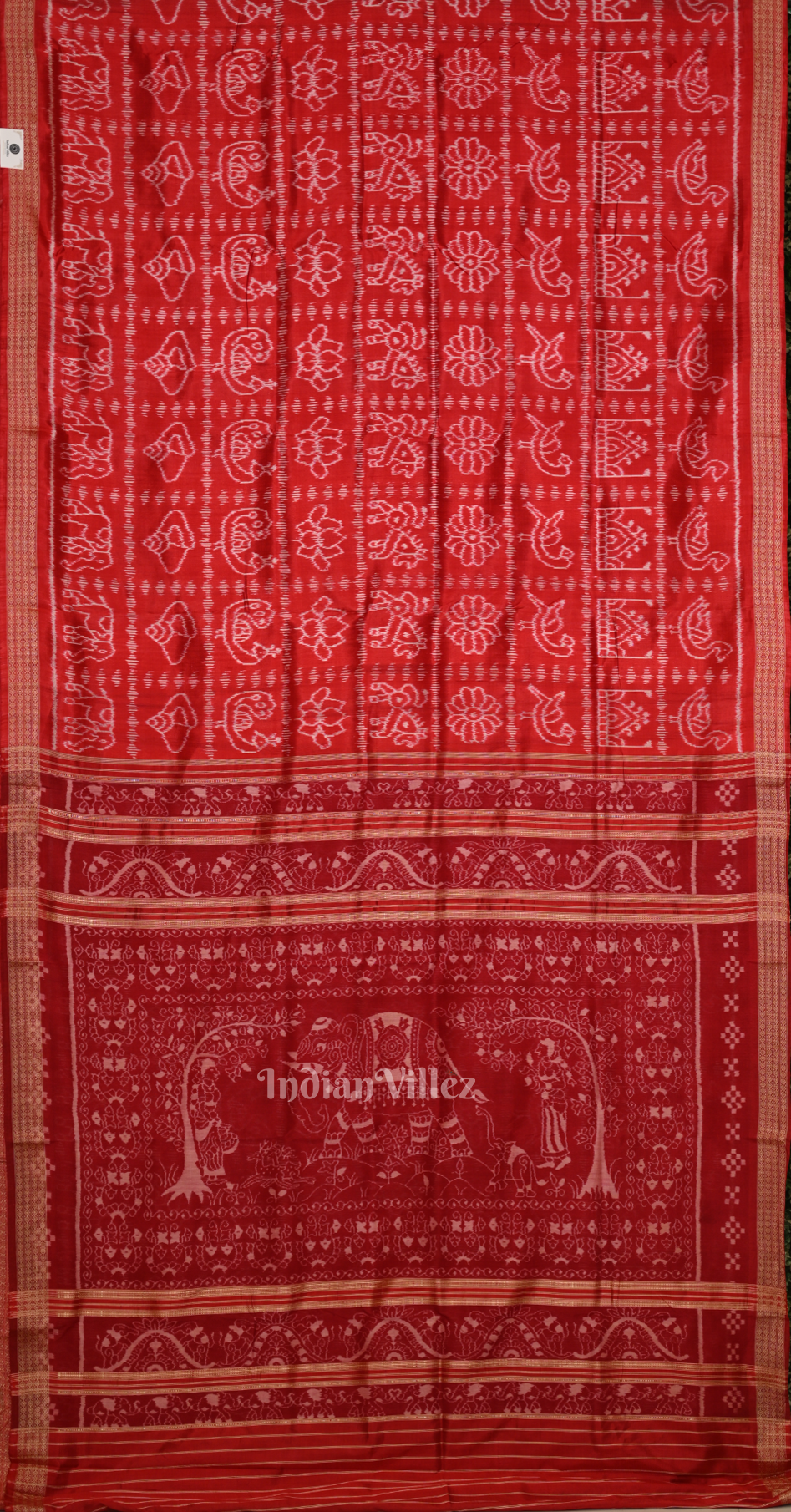 Red Nabakothi Odisha Ikat Sambalpuri Silk Saree with Elephant Motif Anchal