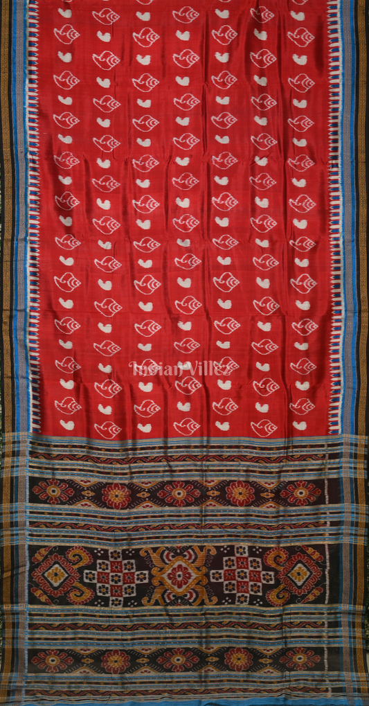 Red Blue Sankha Motif Odisha Ikat Khandua Silk Saree 