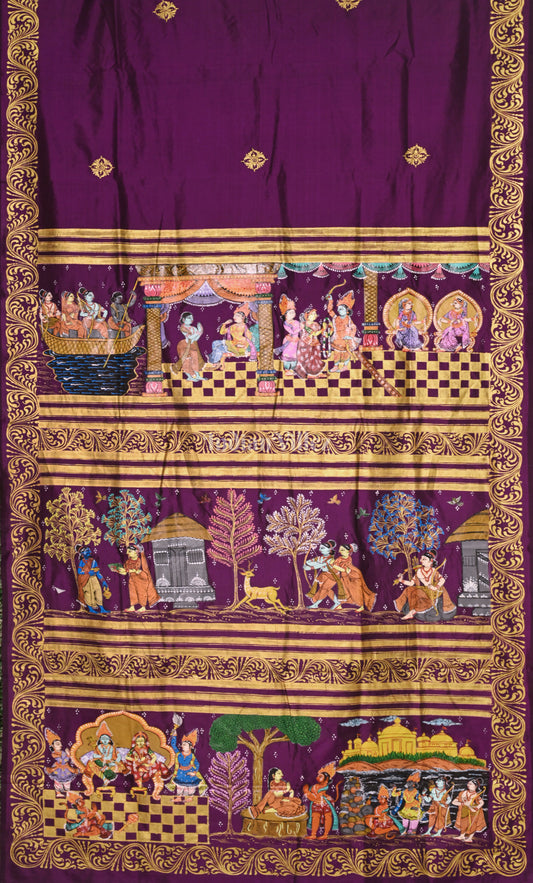 Purple Ramayan Theme Hand-Painted Pattachitra Saree 