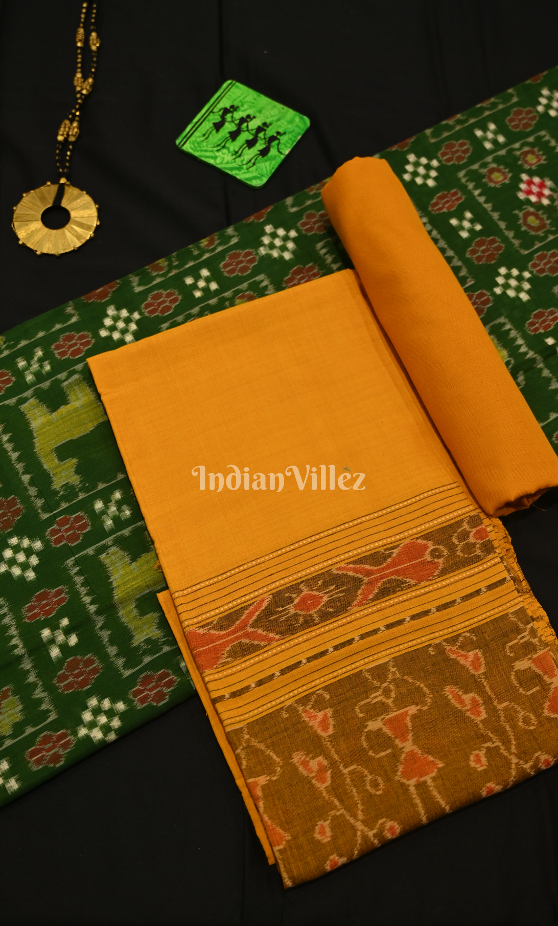 Green Mustard Yellow Paspali Odisha Ikat Sambalpuri Dress Set & Dupatta 