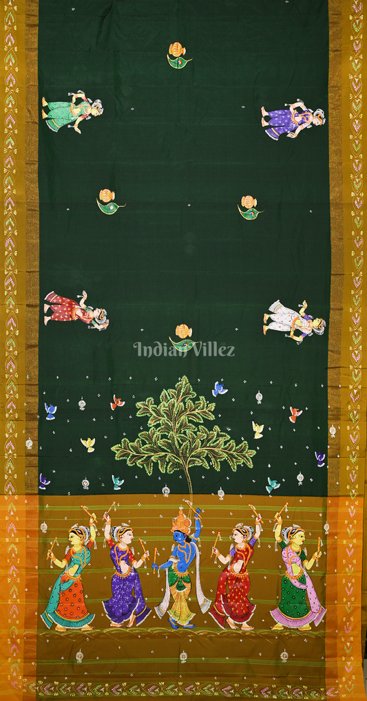 Bottle Green Krishna Raas Leela Hand-Painted Pattachitra Saree
