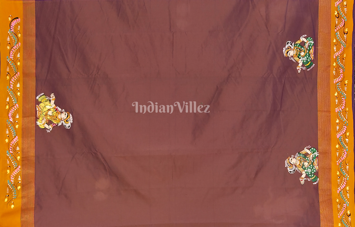 Purple Brown Dandiya Raas Theme Hand-Painted Pattachitra Saree
