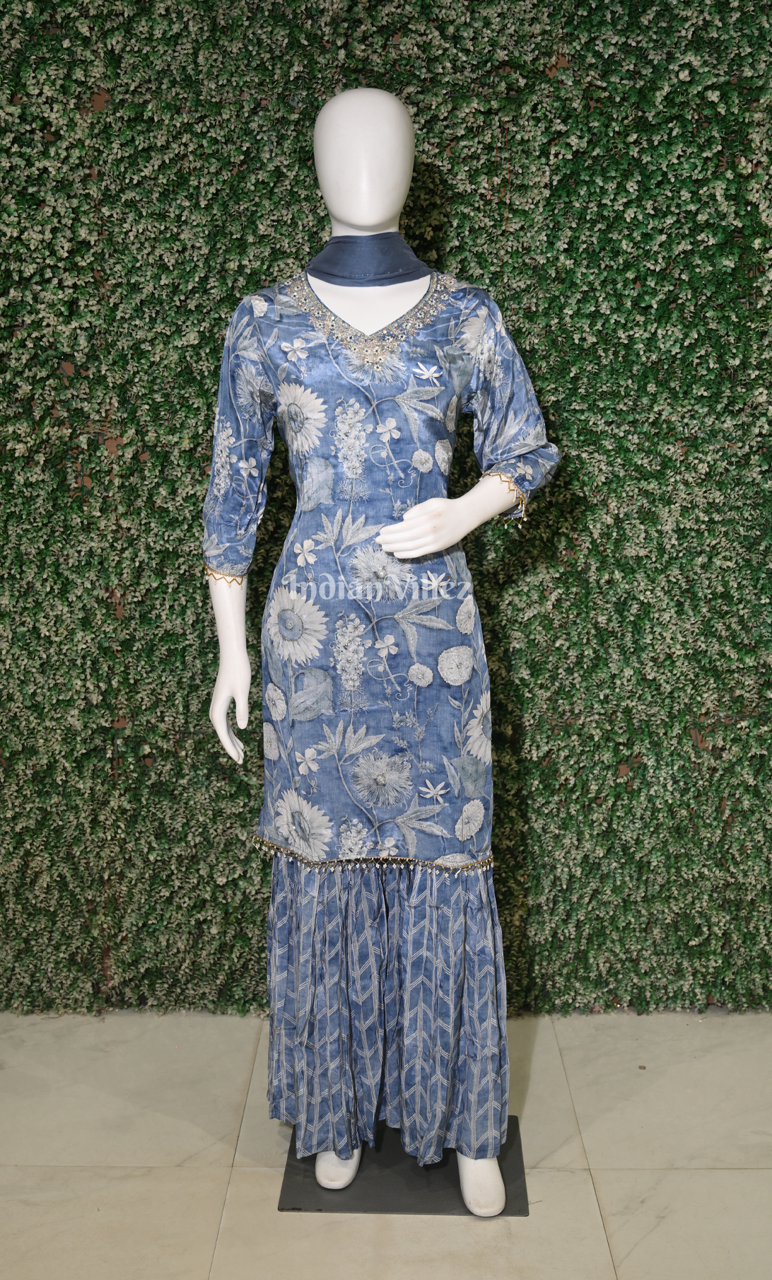 Blue Floral Print Kurta with Sharara Set & Dupatta