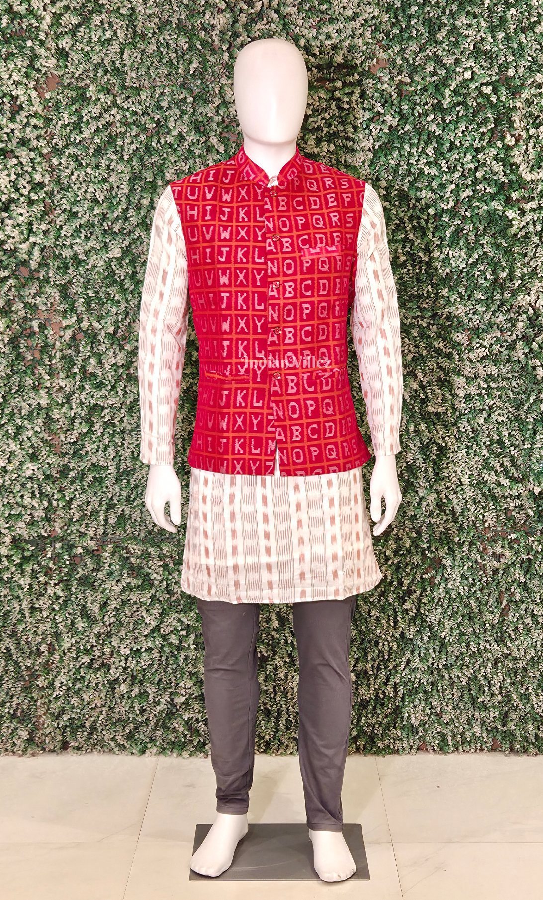 Red Alphabet Theme Odisha Ikat Half Bandi Jacket for Men 