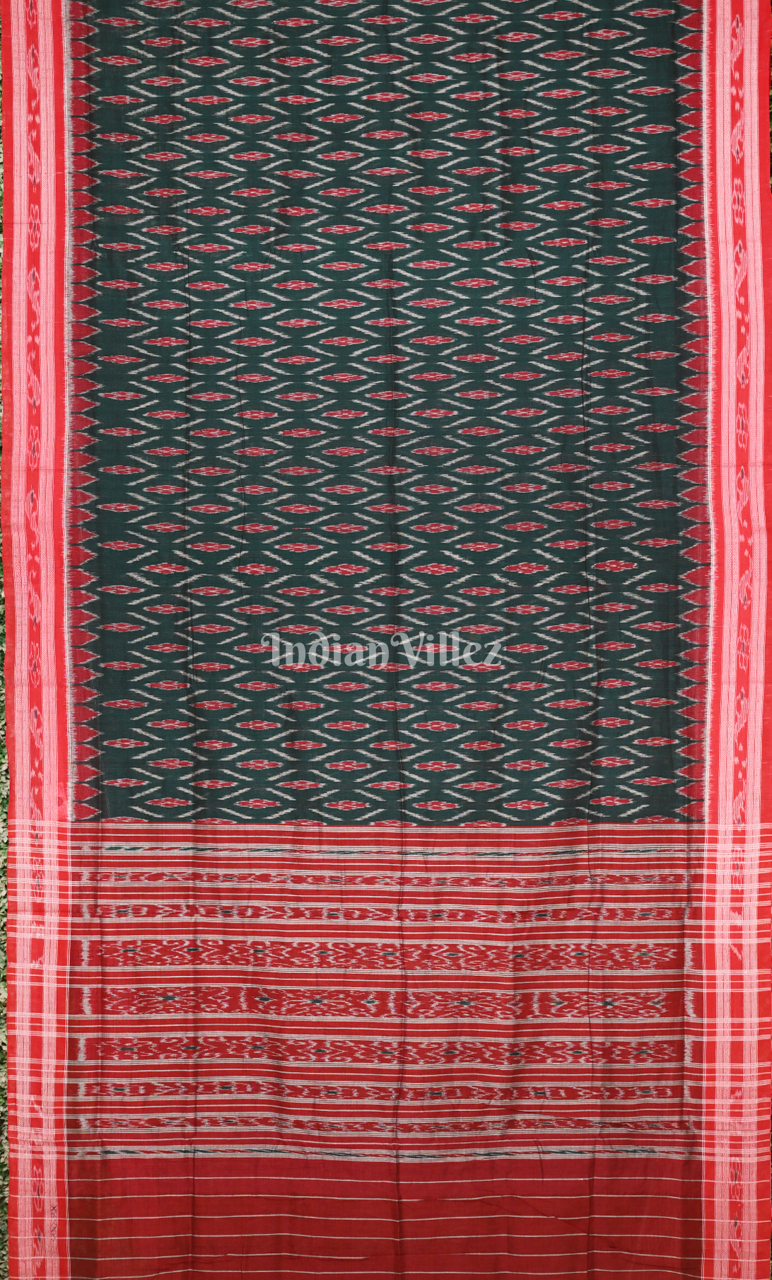 Bottle Green Red Damru Pasapali Odisha Ikat Maniabandha Cotton Saree