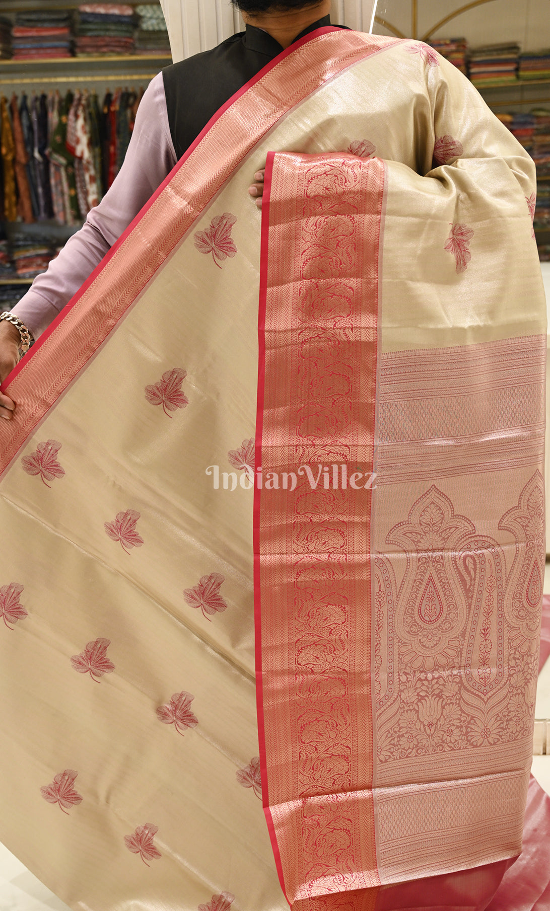 Cream Red Zari Woven Pure Kanjivaram Tissue Silk Saree