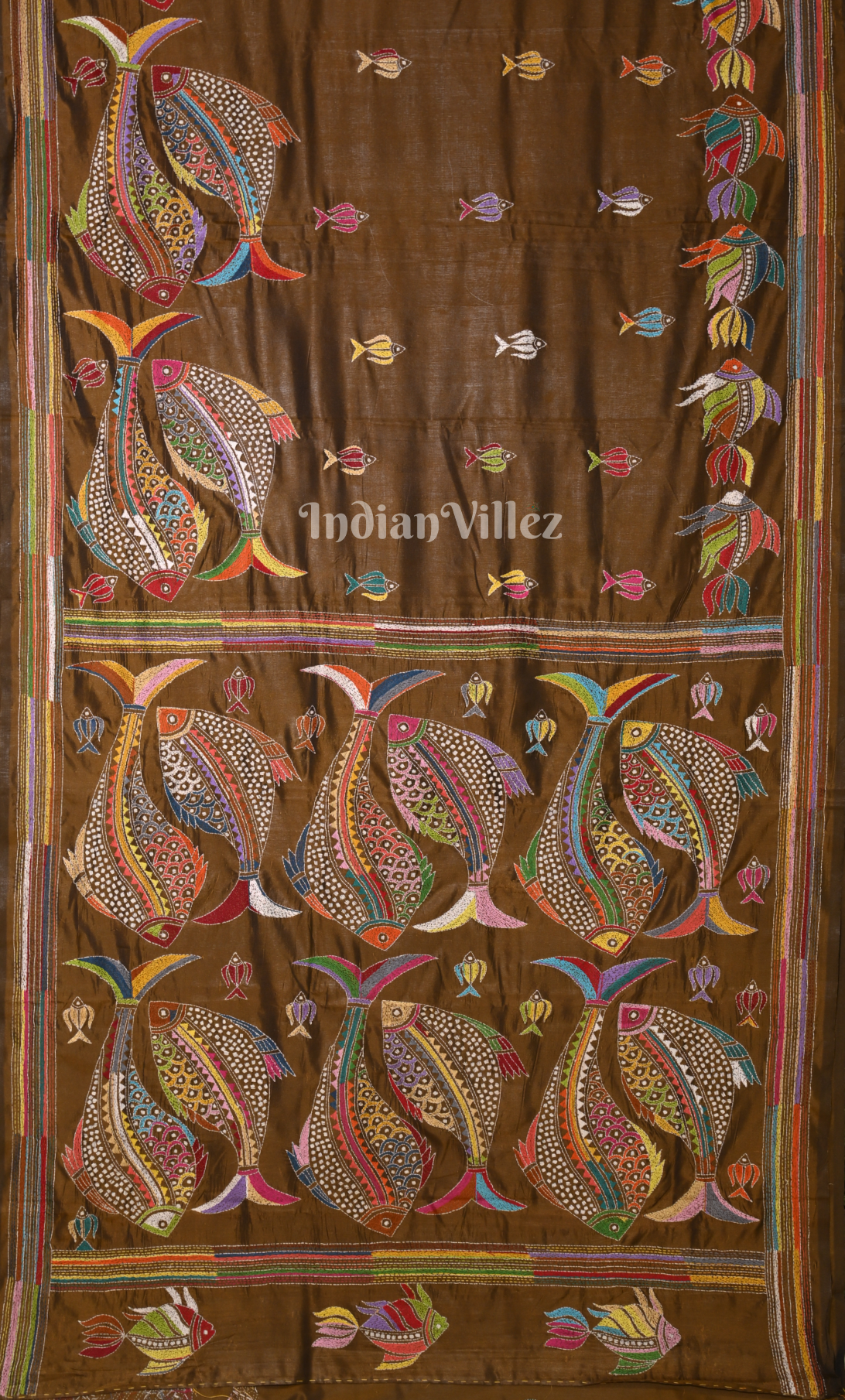 Brown Fish Motif Handwoven Kantha Stitch Silk Saree 