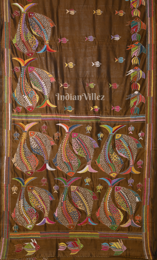 Brown Fish Motif Handwoven Kantha Stitch Silk Saree 