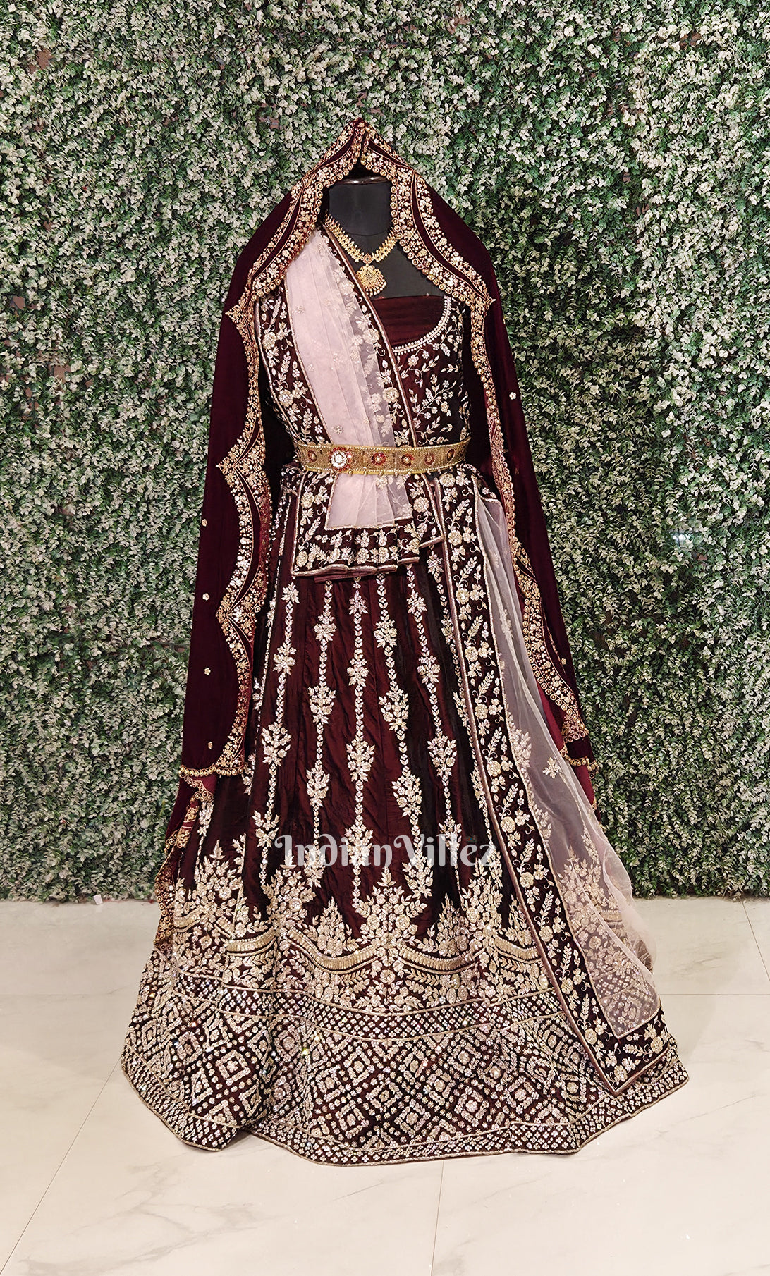 Stunning Designer Maroon Velvet Lehenga Choli With Dupatta 