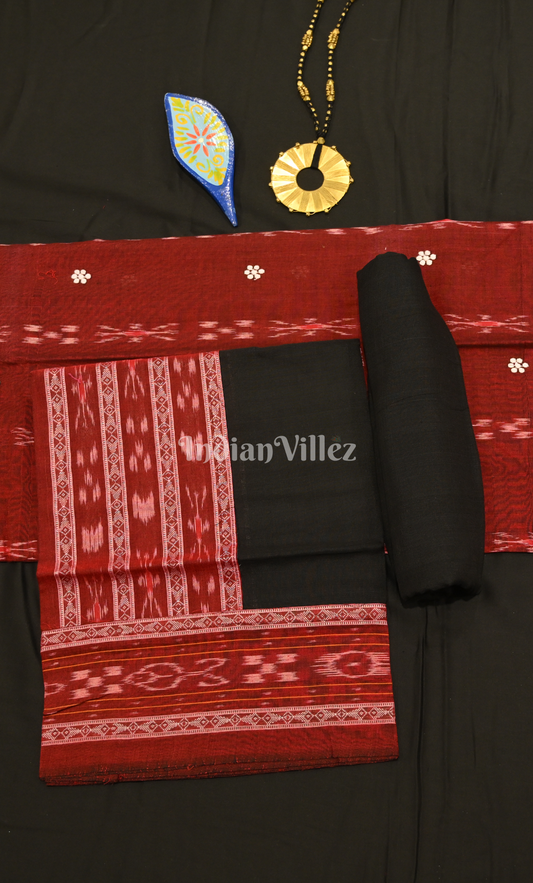 Maroon Black Buti Odisha Ikat Sambalpuri Cotton Dress set with Dupatta 