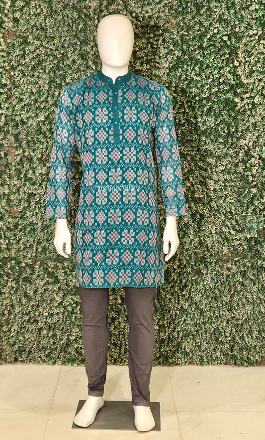 Teal Green Red Pasapali Flower Odisha Ikat Cotton Kurta for Men 