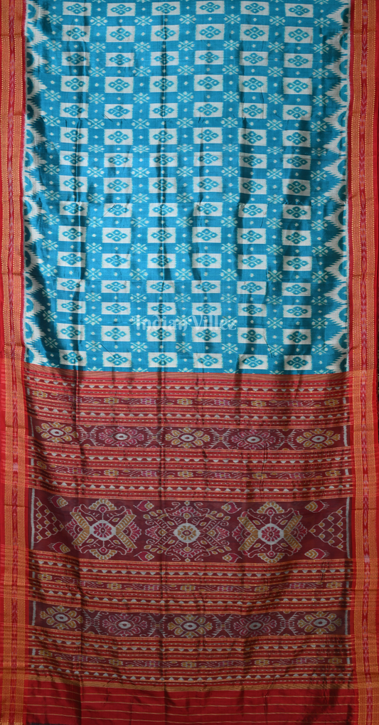 Cyan Blue Maroon Pasapali Odisha Ikat Khandua Silk Saree