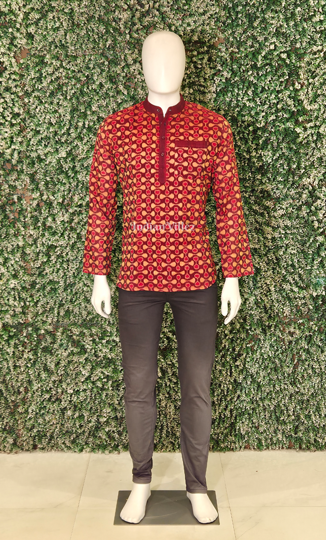 Red Yellow Odisha Ikat Cotton Kurta for Men 