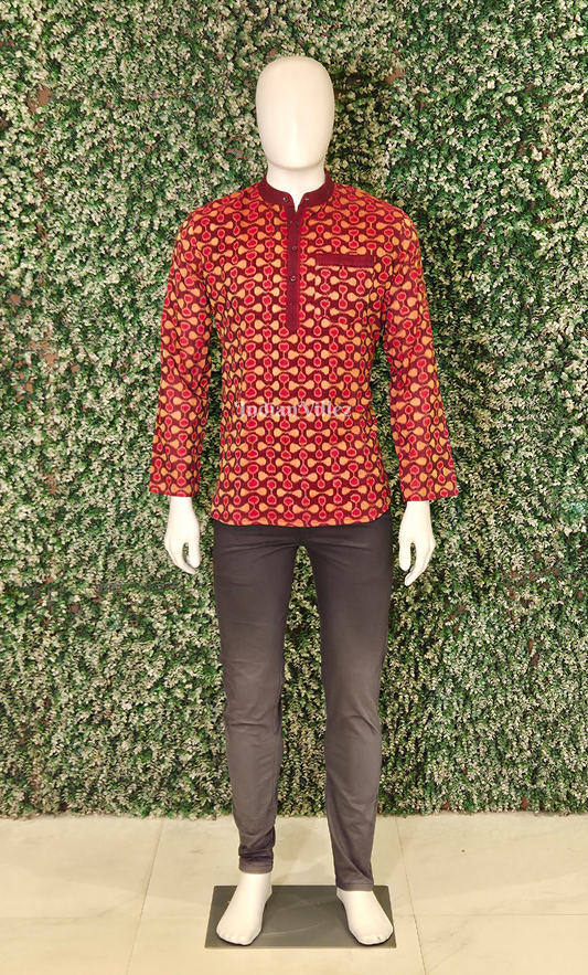 Red Yellow Odisha Ikat Cotton Kurta for Men 