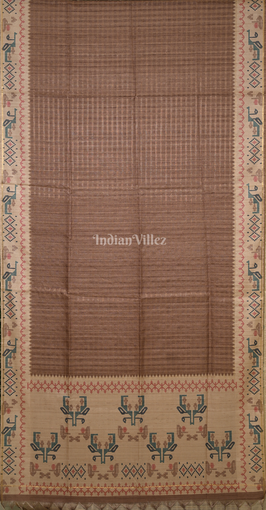 Light Brown Beige Tusasr Silk Saree with Embroidery Work
