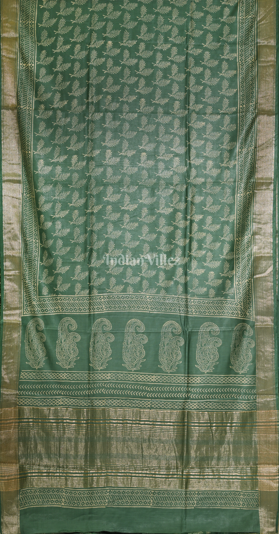  Teal Green Block Printed Cotton Saree 