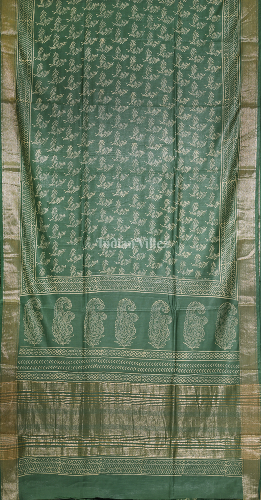  Teal Green Block Printed Cotton Saree 
