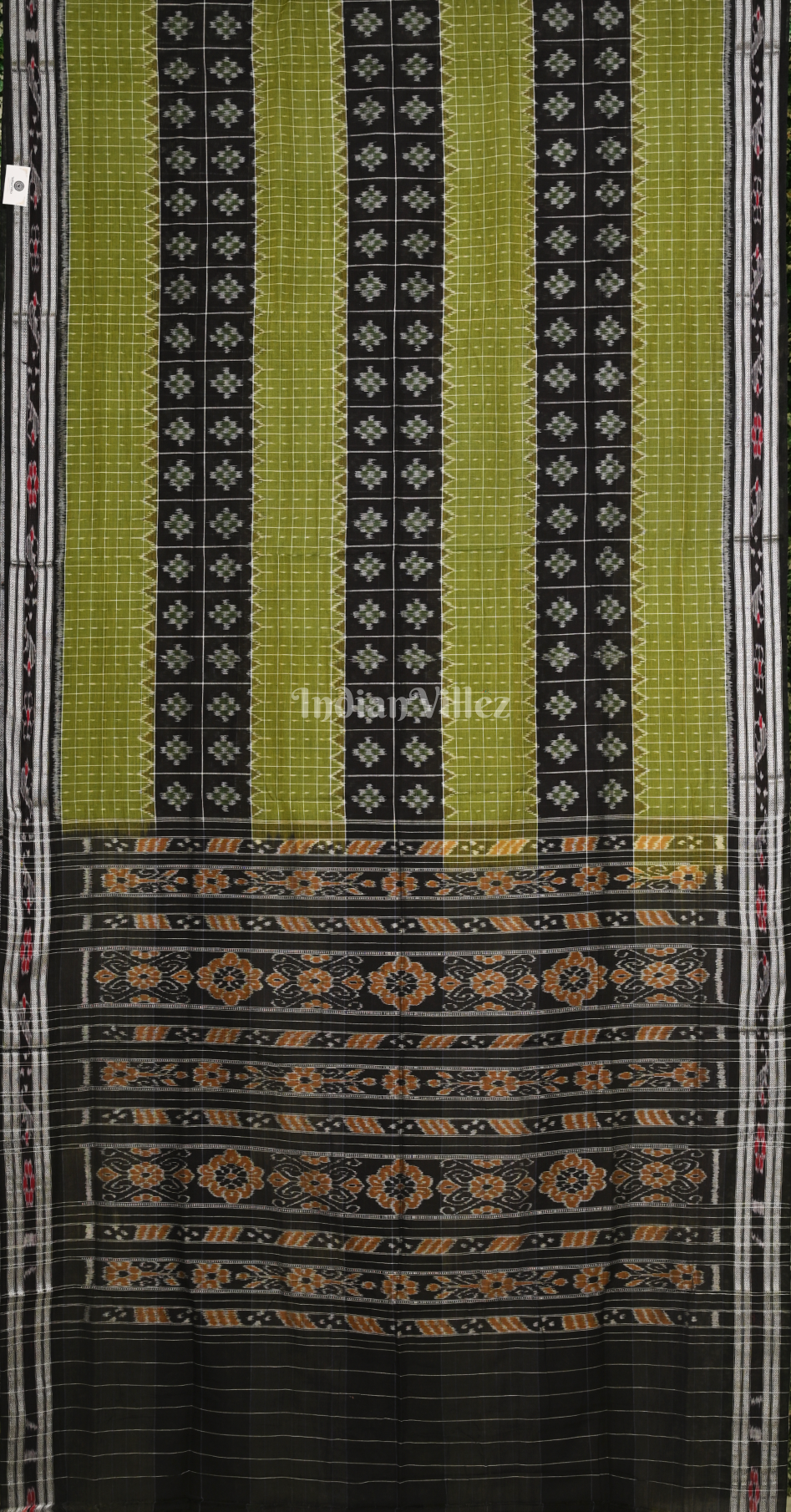 Mehendi Green Checks Black Middle Pasapali Odisha Ikat Sambalpuri Cotton Saree 