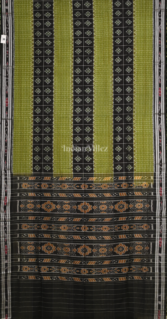 Mehendi Green Checks Black Middle Pasapali Odisha Ikat Sambalpuri Cotton Saree 