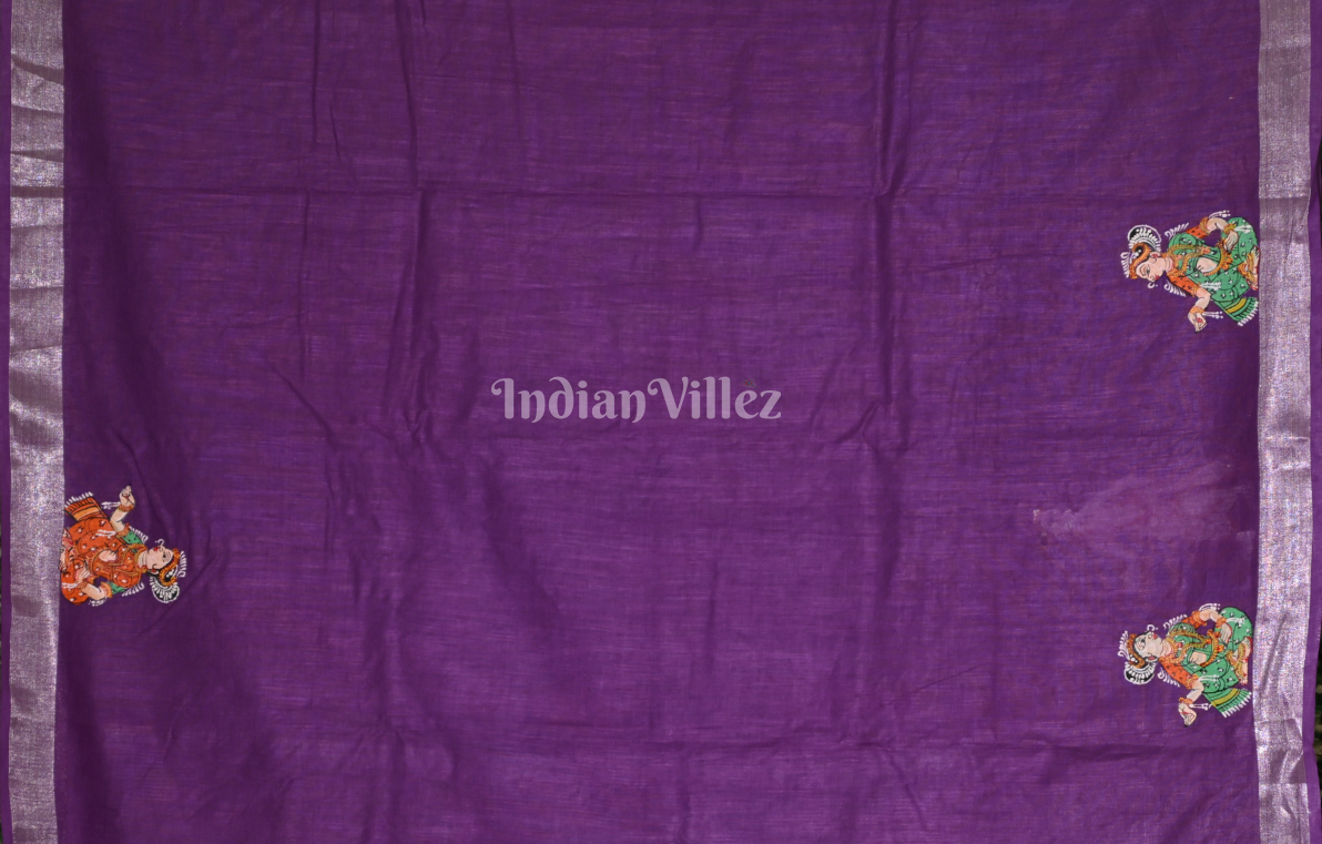 Purple Krishna Raas Leela Hand-Painted Pattachitra Saree