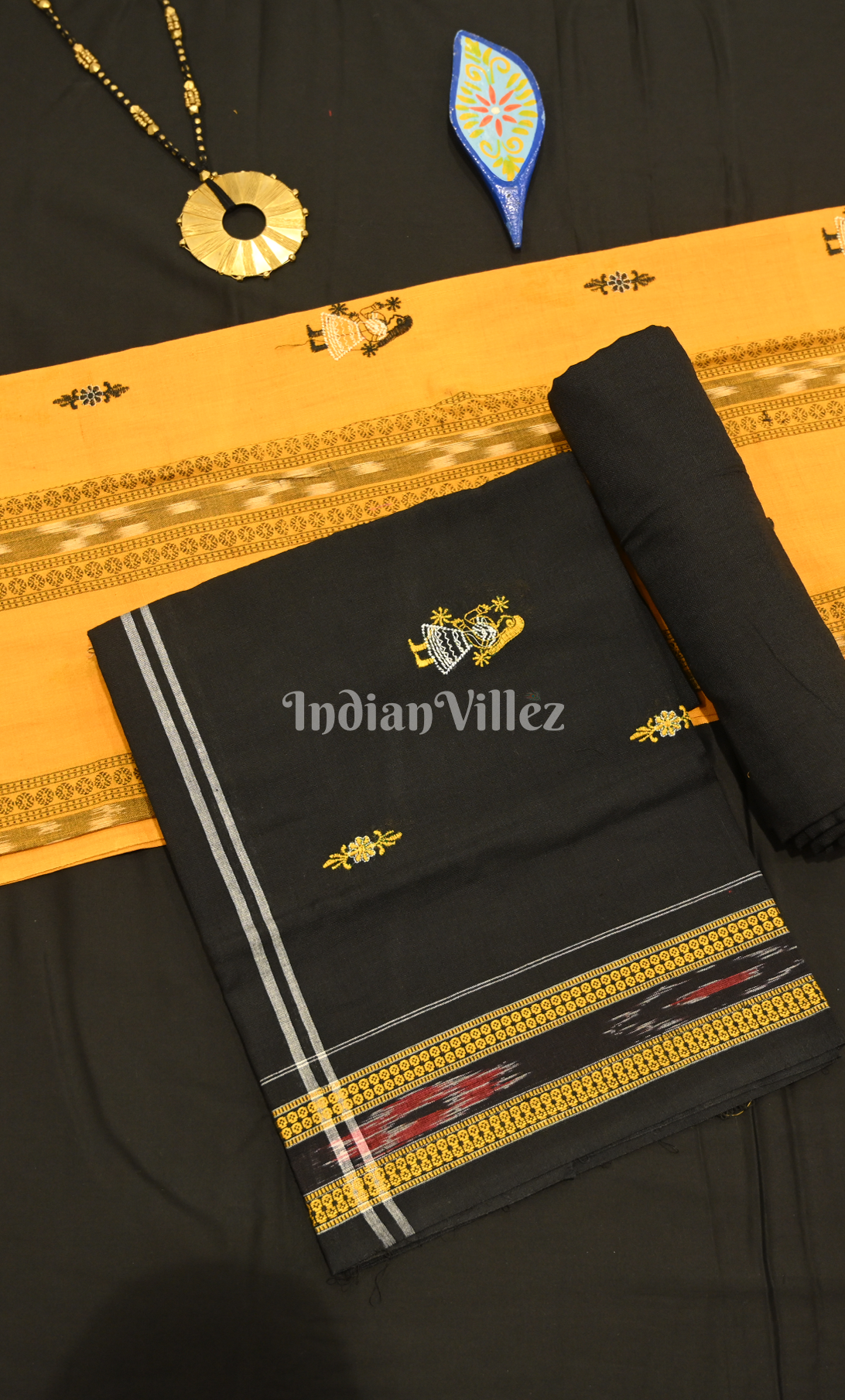 Yellow Black Doll Odisha Ikat Sambalpuri Cotton Dress set with Dupatta 