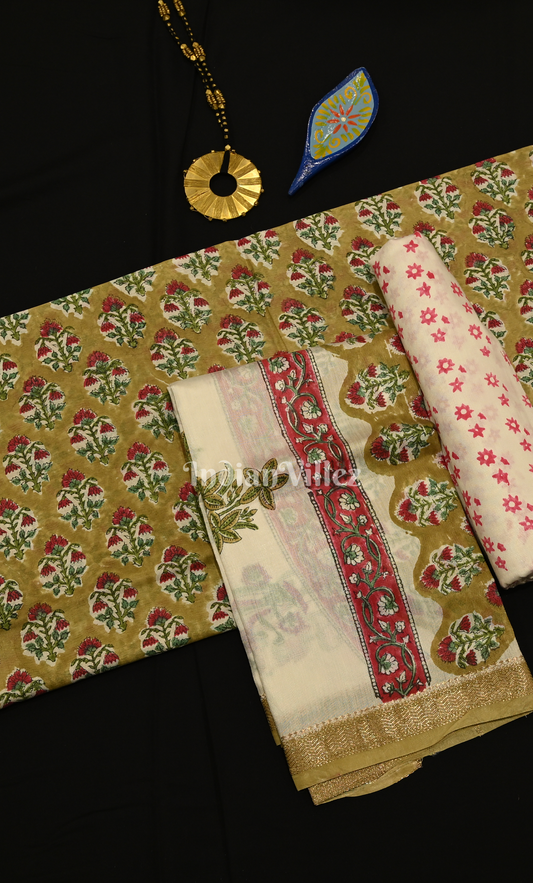 Mehendi Green Sanganeri Block Printed Silk Suit Sets